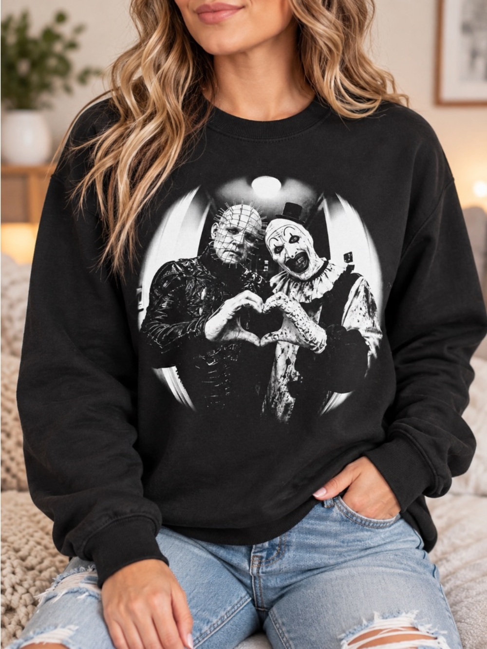 Pinhead Art The Clown Halloween Shirt Heart Hands Graphic Sweatshirt Black